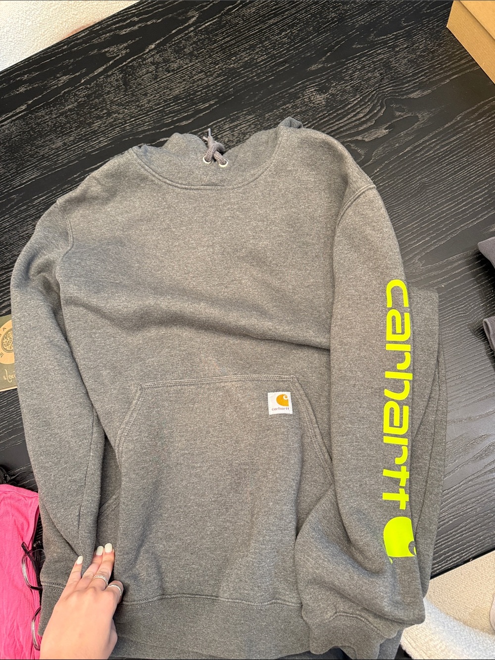 Carhartt Gray Hoodie with Neon Yellow Sleeve Script